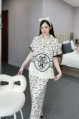 Đồ ngủ Pijama hàng hiệu form dài lụa cao cấp hottrent Trắng họa tiết HM DN139240