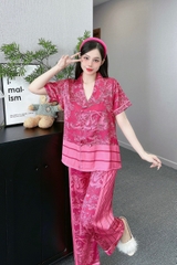 Đồ ngủ Pijama hàng hiệu form dài lụa cao cấp hottrent Hồng họa tiết Thủy Mặc DN138240