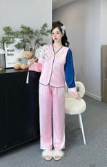Đồ ngủ Pijama hàng hiệu form dài lụa cao cấp hottrent Thể Thao Hồng vai xanh DN136240