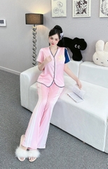 Đồ ngủ Pijama hàng hiệu form dài lụa cao cấp hottrent Thể Thao Hồng vai xanh DN136240