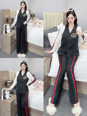 Đồ ngủ Pijama hàng hiệu form dài lụa cao cấp hottrent Họa tiết phối sọc đỏ DN129240