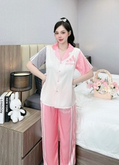 Đồ ngủ Pijama hàng hiệu form dài lụa cao cấp hottrent Thể Thao Hồng phối sọc DN130240