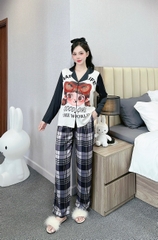 Đồ ngủ Pijama hàng hiệu form dài lụa cao cấp hottrent Họa tiết kẻ sọc đen DN122240