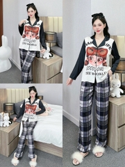 Đồ ngủ Pijama hàng hiệu form dài lụa cao cấp hottrent Họa tiết kẻ sọc đen DN122240