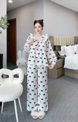 Đồ ngủ Pijama hàng hiệu form dài lụa cao cấp hottrent Trắng họa tiết nơ đen DN114240