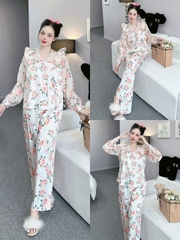 Đồ ngủ Pijama hàng hiệu form dài lụa cao cấp hottrent Trắng họa tiết hoa DN115240