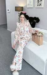 Đồ ngủ Pijama hàng hiệu form dài lụa cao cấp hottrent Trắng họa tiết hoa DN115240