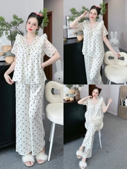 Đồ ngủ Pijama hàng hiệu form dài lụa cao cấp hottrent Trắng họa tiết chấm bi đen DN116240