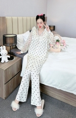 Đồ ngủ Pijama hàng hiệu form dài lụa cao cấp hottrent Trắng họa tiết chấm bi đen DN116240