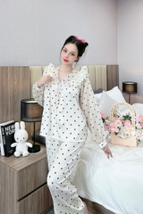 Đồ ngủ Pijama hàng hiệu form dài lụa cao cấp hottrent Trắng họa tiết chấm bi đen DN116240