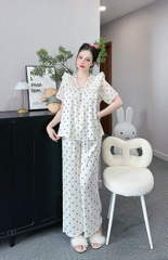 Đồ ngủ Pijama hàng hiệu form dài lụa cao cấp hottrent Trắng họa tiết chấm bi đen DN116240