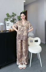 Đồ ngủ Pijama hàng hiệu form dài lụa cao cấp hottrent Cam nâu họa tiết trung hoa DN118240