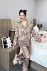 Đồ ngủ Pijama hàng hiệu form dài lụa cao cấp hottrent Cam nâu họa tiết trung hoa DN118240