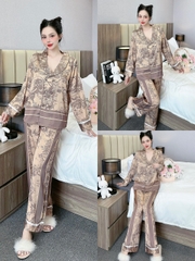 Đồ ngủ Pijama hàng hiệu form dài lụa cao cấp hottrent Cam nâu họa tiết trung hoa DN118240