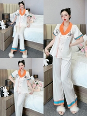 Đồ ngủ Pijama hàng hiệu form dài lụa cao cấp hottrent Trắng viền cam DN120240