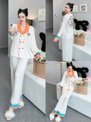 Đồ ngủ Pijama hàng hiệu form dài lụa cao cấp hottrent Trắng viền cam DN120240