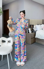 Đồ ngủ Pijama hàng hiệu form dài lụa cao cấp hottrent Họa tiết Báo Hồng DN125240