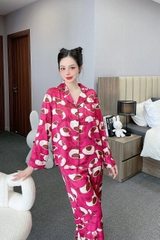 Đồ ngủ Pijama hàng hiệu form dài lụa cao cấp hottrent Họa tiết Gấu Hồng DN127240