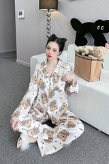 Đồ ngủ Pijama hàng hiệu form dài lụa cao cấp hottrent Trắng họa tiết Gấu Nâu DN128240