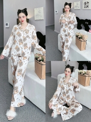 Đồ ngủ Pijama hàng hiệu form dài lụa cao cấp hottrent Trắng họa tiết Gấu Nâu DN128240