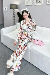 Đồ ngủ Pijama hàng hiệu form dài lụa cao cấp hottrent Trắng họa tiết hoạt hình DN141240