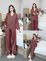 Đồ ngủ Pijama hàng hiệu form dài lụa cao cấp hottrent Karo Đỏ phối xanh  DN149240