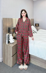 Đồ ngủ Pijama hàng hiệu form dài lụa cao cấp hottrent Karo Đỏ phối xanh  DN149240