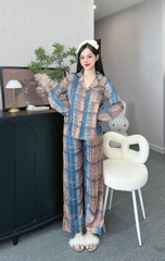 Đồ ngủ Pijama hàng hiệu form dài lụa cao cấp hottrent Nâu sọc xanh DN147240