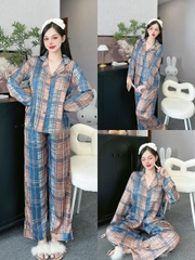 Đồ ngủ Pijama hàng hiệu form dài lụa cao cấp hottrent Nâu sọc xanh DN147240