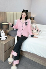 Đồ ngủ Pijama hàng hiệu form dài lụa cao cấp hottrent Hồng Gấu Đen DN144240