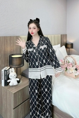 Đồ ngủ Pijama hàng hiệu form dài lụa cao cấp hottrent Màu đen phối lưới DN145240