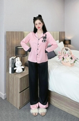 Đồ ngủ Pijama hàng hiệu form dài lụa cao cấp hottrent Hồng Gấu Đen DN144240