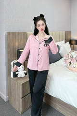 Đồ ngủ Pijama hàng hiệu form dài lụa cao cấp hottrent Hồng Gấu Đen DN144240