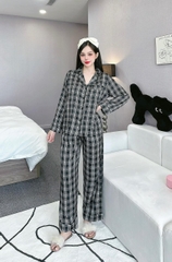 Đồ ngủ Pijama hàng hiệu form dài lụa cao cấp hottrent Karo đen trắng DN153240