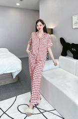 Đồ ngủ Pijama hàng hiệu form dài lụa cao cấp hottrent Karo đỏ trắng DN152240