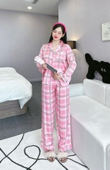 Đồ ngủ Pijama hàng hiệu form dài lụa cao cấp hottrent Karo hồng phối trắng DN151240