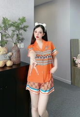 Set bộ đùi Pijama hàng hiệu form ngắn lụa cao cấp hottrent Cam phối sọc ngựa HM DN165240