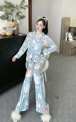 Đồ ngủ Pijama hàng hiệu form dài lụa cao cấp hottrent Kẻ Trắng xanh họa tiết thỏ hồng DN173240