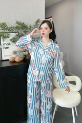 Đồ ngủ Pijama hàng hiệu form dài lụa cao cấp hottrent Kẻ Trắng xanh họa tiết thỏ hồng DN173240