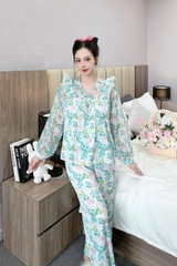 Đồ ngủ Pijama hàng hiệu form dài lụa cao cấp hottrent Trắng họa tiết lá xanh DN166240