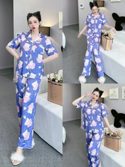 Đồ ngủ Pijama hàng hiệu form dài lụa cao cấp hottrent Tím họa tiết Catoon DN180240