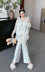 Đồ ngủ Pijama hàng hiệu form dài lụa cao cấp hottrent Trắng họa tiết hoa xanh DN167240