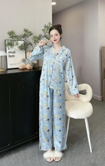 Đồ ngủ Pijama hàng hiệu form dài lụa cao cấp hottrent Xanh họa tiết gấu Bunny DN178240