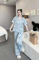 Đồ ngủ Pijama hàng hiệu form dài lụa cao cấp hottrent Xanh họa tiết gấu Bunny DN178240