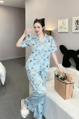 Đồ ngủ Pijama hàng hiệu form dài lụa cao cấp hottrent Xanh họa tiết gấu Bunny DN178240