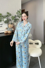 Đồ ngủ Pijama hàng hiệu form dài lụa cao cấp hottrent Xanh họa tiết gấu Bunny DN178240