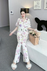 Đồ ngủ Pijama hàng hiệu form dài lụa cao cấp hottrent Trắng họa tiết Catoon DN174240