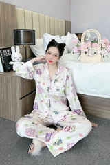 Đồ ngủ Pijama hàng hiệu form dài lụa cao cấp hottrent Trắng họa tiết Catoon DN174240
