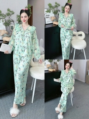 Đồ ngủ Pijama hàng hiệu form dài lụa cao cấp hottrent Xanh họa tiết lá đen DN168240