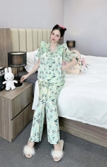 Đồ ngủ Pijama hàng hiệu form dài lụa cao cấp hottrent Xanh họa tiết lá đen DN168240